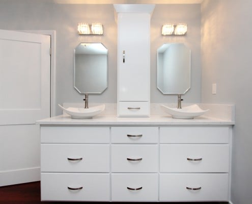 white cabinetry in european style bath