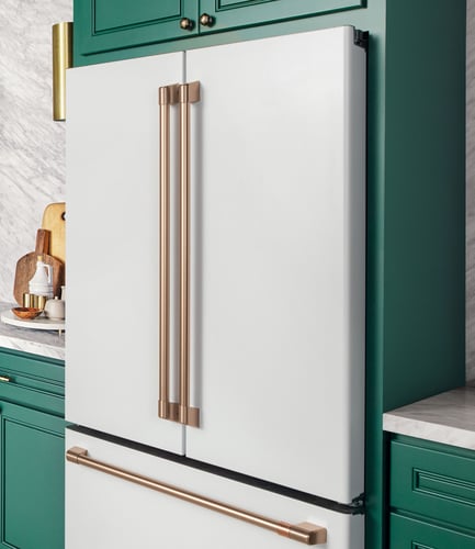 matte-white-french-door-refrigerator-with-green-cabinets
